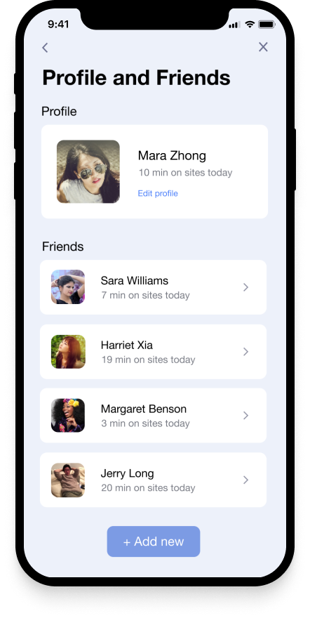 Screen showing profile and friends
